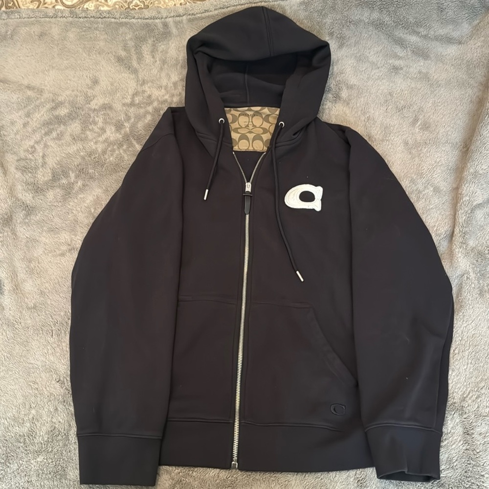 Black Coach Zip Up Hoodie with White C Emblem